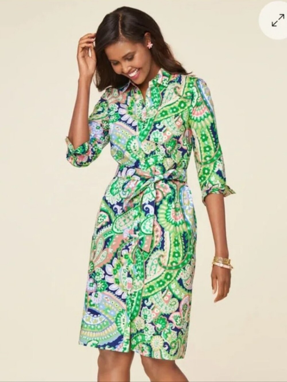 Talbots Green and Light Blue Paisley Shirtdress 10P - Picture 2 of 6